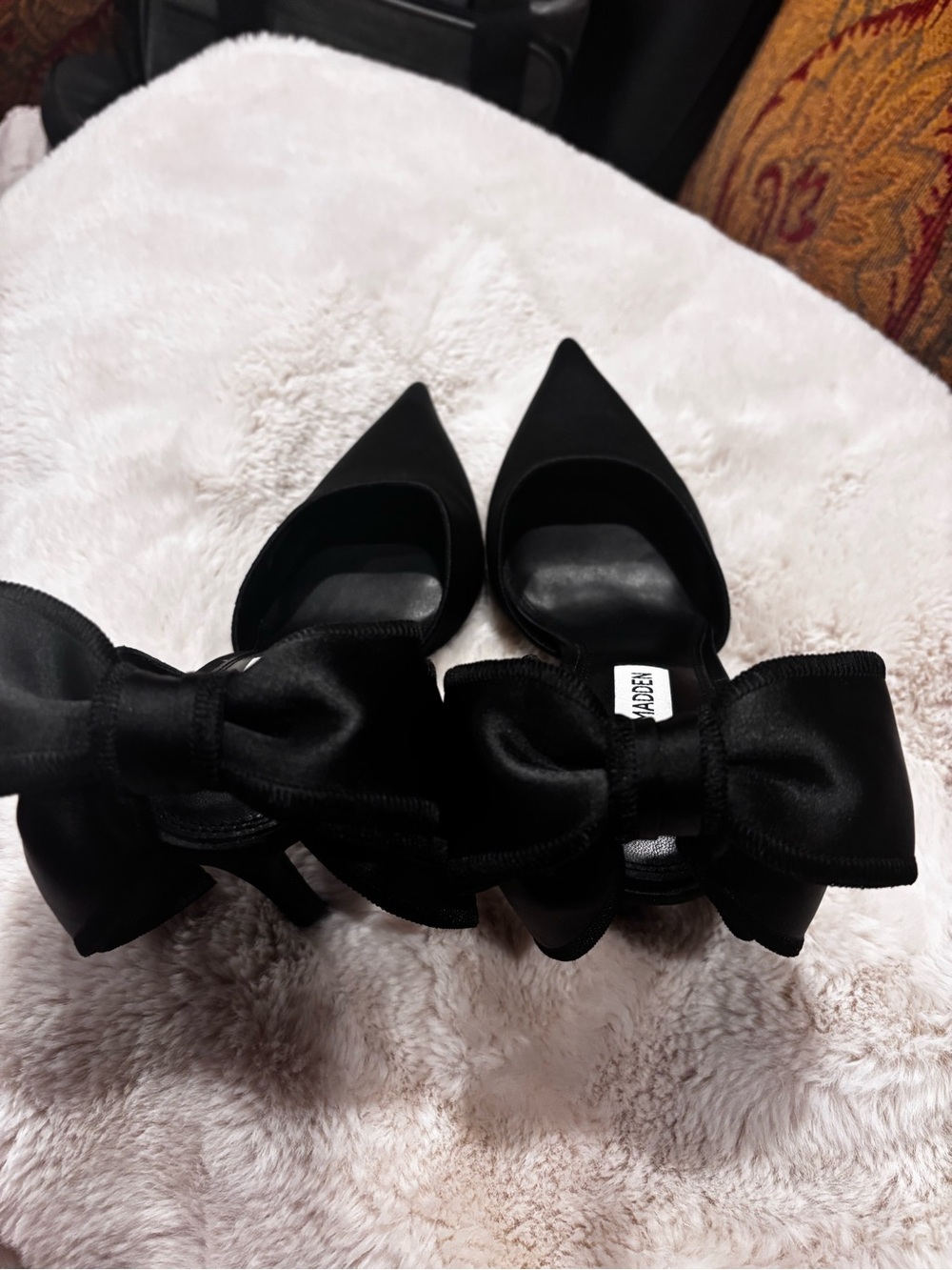 Steve Madden Black Satin Pointed D'Orsay Ankle Tie Heels with Bow Detail